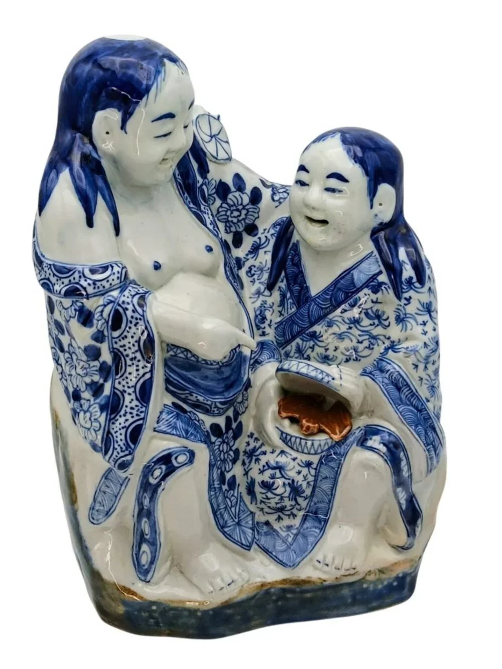 Hehe Erxian Porcelain Figures Blue White Hanshan Shide Sculpture w Bat Box 11